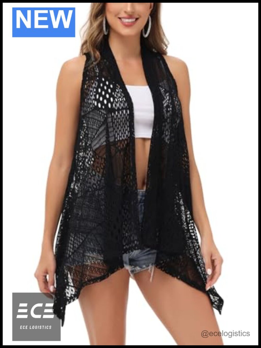 Anna-Kaci Sleeveless Open Front Crochet Shawl Cardigan Bikini Cover Up